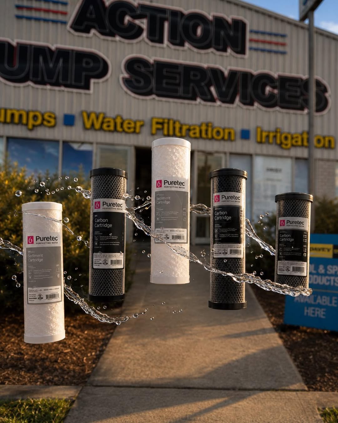 Puretec sediment and carbon filter cartridges suspended in front of the shopfront, water arcing between them.