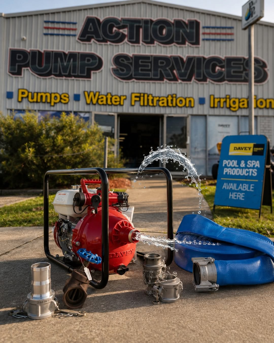 A Davey firefighting pump running outside the shop with lay-flat hose and couplings laid out beside it.