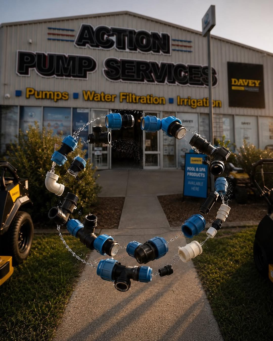 Poly pipe fittings and valves arranged in a ring outside the shopfront at dusk, water running through them.