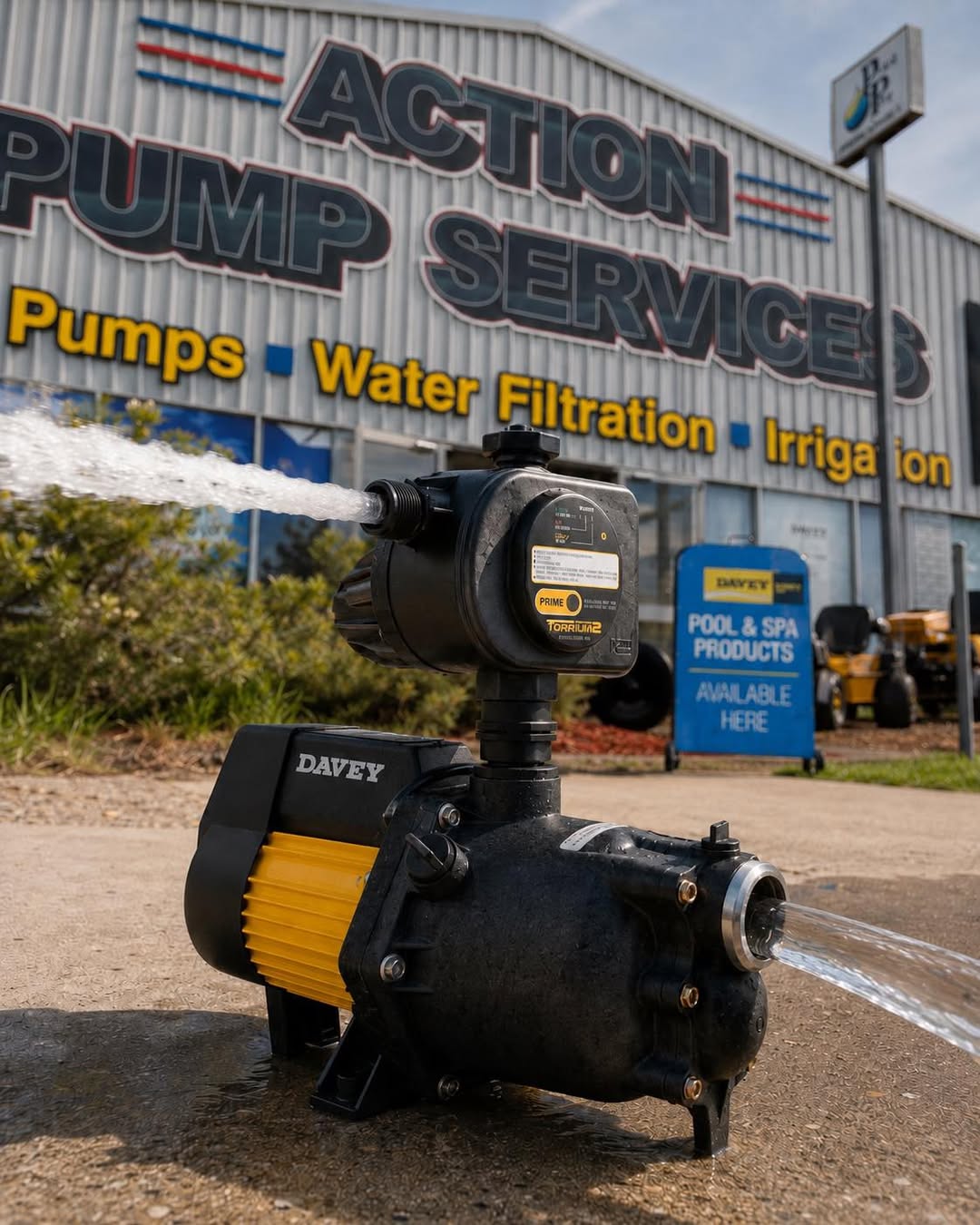 A Davey Torrium2 pressure pump running on the forecourt outside the shop, water jetting from the outlet.